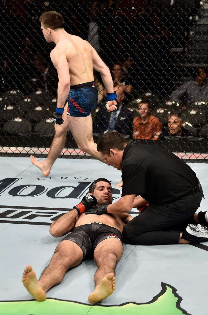 LAS VEGAS, NV - MARCH 03:  Alexander Hernandez celebrates his knockout victory over Beneil Dariush of Iran in their lightweight bout during the UFC 222 event inside T-Mobile Arena on March 3, 2018 in Las Vegas, Nevada. (Photo by Jeff Bottari/Zuffa LLC/Zuf