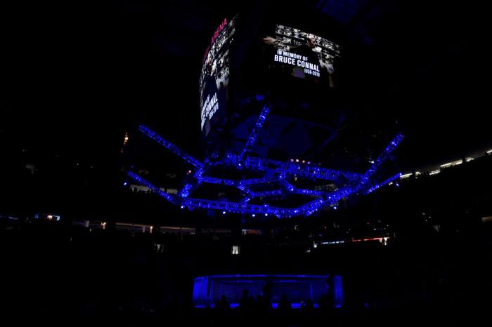 LAS VEGAS, NV - MARCH 03: A general view of the Octagon and big screen with a memorial honoring the passing of UFC producer Bruce Connal during the UFC 222 event inside T-Mobile Arena on March 3, 2018 in Las Vegas, Nevada. (Photo by Jeff Bottari/Zuffa L
