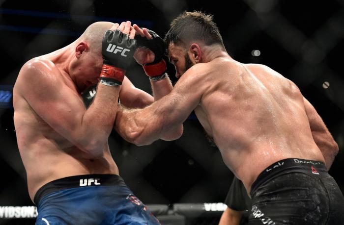 LAS VEGAS, NV - MARCH 03:   (R-L) Andrei Arlovski of Belarus punches Stefan Struve of The Netherlands in their heavyweight bout during the UFC 222 event inside T-Mobile Arena on March 3, 2018 in Las Vegas, Nevada. (Photo by Brandon Magnus/Zuffa LLC/Zuffa 