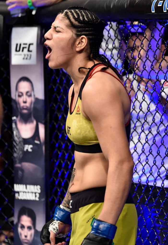 LAS VEGAS, NV - MARCH 03:   Ketlen Vieira of Brazil prepares to fight Cat Zingano in their women's bantamweight bout during the UFC 222 event inside T-Mobile Arena on March 3, 2018 in Las Vegas, Nevada. (Photo by Jeff Bottari/Zuffa LLC/Zuffa LLC via Getty