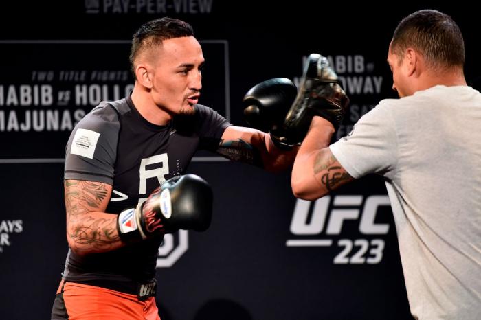 BROOKLYN, NY - APRIL 04:  Max Holloway holds an open training session for fans and media during the UFC 223 Open Workouts at the Music Hall of Williamsburg on April 4, 2018 in Brooklyn, New York. (Photo by Jeff Bottari/Zuffa LLC/Zuffa LLC via Getty Images