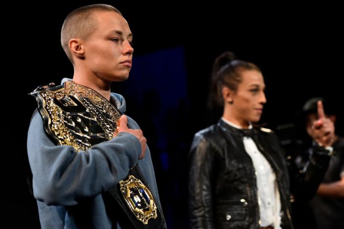 BROOKLYN, NY - APRIL 04: (L-R) Rose Namajunas and Joanna Jedrzejczyk of Poland pose during the UFC 223 Press Conference at the Music Hall of Williamsburg on April 4, 2018 in Brooklyn, New York. (Photo by Brandon Magnus/Zuffa LLC/Zuffa LLC via Getty Image