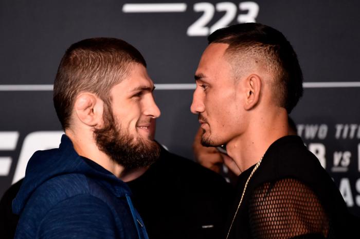 BROOKLYN, NY - APRIL 05: (L-R) Khabib Nurmagomedov of Russia and Max Holloway face off during the UFC 223 Ultimate Media Day inside Barclays Center on April 5, 2018 in Brooklyn, New York. (Photo by Jeff Bottari/Zuffa LLC/Zuffa LLC via Getty Images)