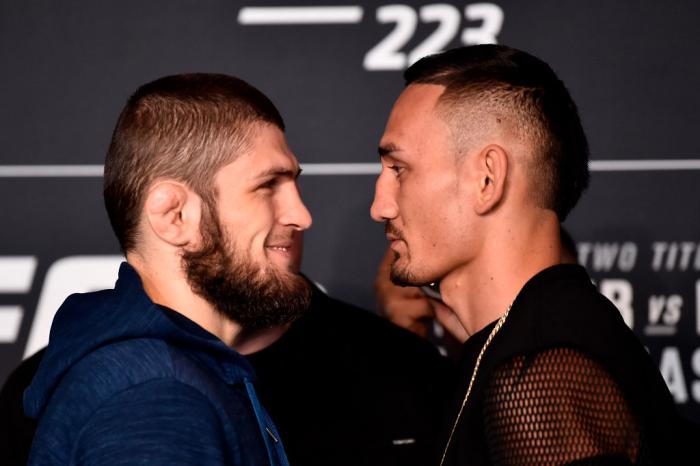 BROOKLYN, NY - APRIL 05:  (L-R) Khabib Nurmagomedov of Russia and Max Holloway face off during the UFC 223 Ultimate Media Day inside Barclays Center on April 5, 2018 in Brooklyn, New York. (Photo by Jeff Bottari/Zuffa LLC/Zuffa LLC via Getty Images)