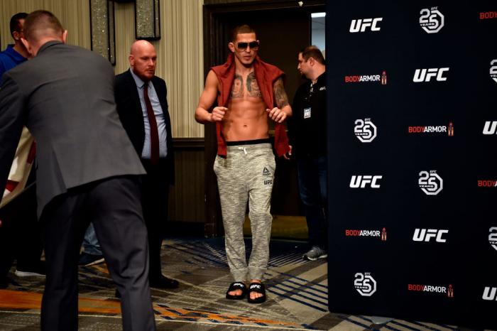 BROOKLYN, NY - APRIL 06:  Anthony Pettis walks out to pose on the scale during the UFC 223 official weigh-ins on April 6, 2018 in Brooklyn, New York. (Photo by Jeff Bottari/Zuffa LLC)