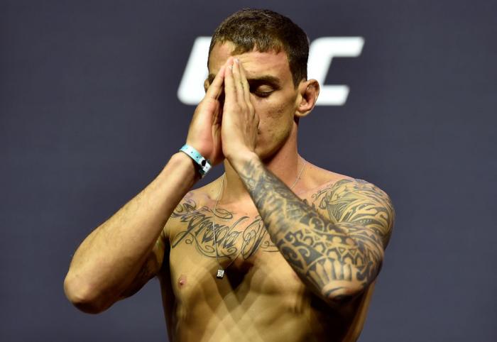 BROOKLYN, NEW YORK - APRIL 06:  Renato Moicano of Brazil poses on the scale during the UFC 223 weigh-in inside Barclays Center on April 6, 2018 in Brooklyn, New York. (Photo by Jeff Bottari/Zuffa LLC/Zuffa LLC via Getty Images)