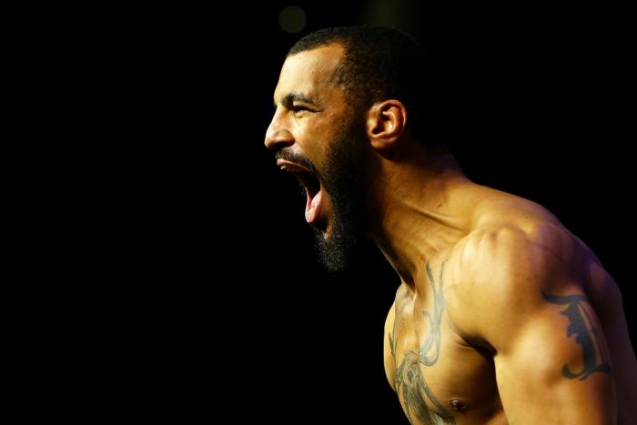 NEW YORK, NY - APRIL 06:  Devin Clark poses on the scale during the UFC 223 official weigh-ins at Barclays Center on April 6, 2018 in New York City.  (Photo by Mike Stobe/Zuffa LLC/Zuffa LLC via Getty Images)