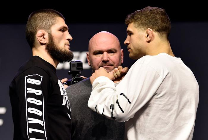 BROOKLYN, NEW YORK - APRIL 06:   (L-R) Opponents Khabib Nurmagomedov of Russia and Al Iaquinta face off during the UFC press conference inside Barclays Center on April 6, 2018 in Brooklyn, New York. (Photo by Jeff Bottari/Zuffa LLC/Zuffa LLC via Getty Ima