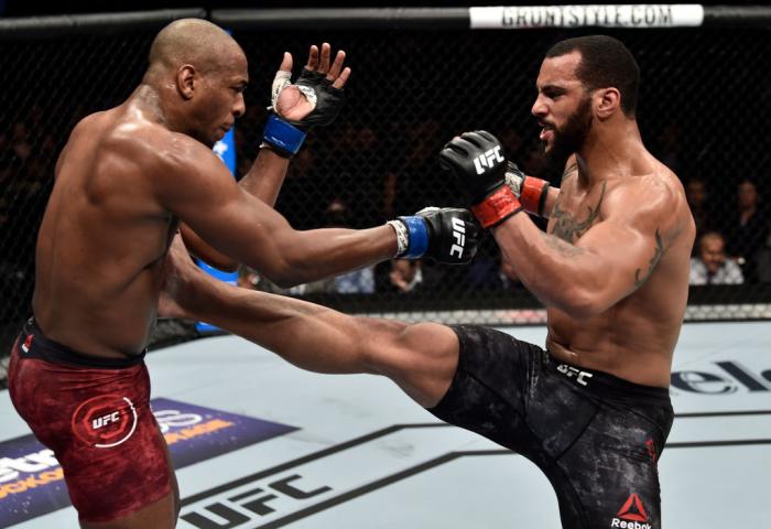 BROOKLYN, NEW YORK - APRIL 07:  (R-L) Devin Clark kicks Mike Rodriguez in their light heavyweight bout during the UFC 223 event inside Barclays Center on April 7, 2018 in Brooklyn, New York. (Photo by Jeff Bottari/Zuffa LLC/Zuffa LLC via Getty Images)