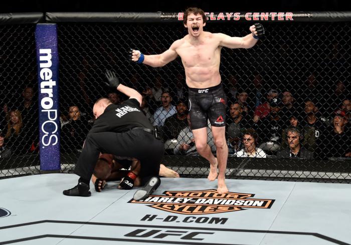 BROOKLYN, NEW YORK - APRIL 07:  Olivier Aubin-Mercier of Canada celebrates after his TKO victory over Evan Dunham in their lightweight bout during the UFC 223 event inside Barclays Center on April 7, 2018 in Brooklyn, New York. (Photo by Jeff Bottari/Zuff