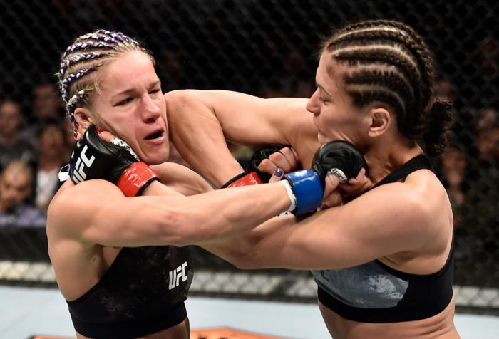 BROOKLYN, NEW YORK - APRIL 07:  (R-L) Karolina Kowalkiewicz of Poland elbows Felice Herrig in their women's strawweight bout during the UFC 223 event inside Barclays Center on April 7, 2018 in Brooklyn, New York. (Photo by Jeff Bottari/Zuffa LLC/Zuffa LLC