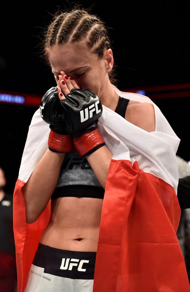 BROOKLYN, NEW YORK - APRIL 07: Karolina Kowalkiewicz of Poland celebrates after her split-decision victory over Felice Herrig in their women's strawweight bout during the UFC 223 event inside Barclays Center on April 7, 2018 in Brooklyn, New York. (Photo