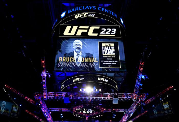 BROOKLYN, NEW YORK - APRIL 07:  The UFC announces on the election of recently passed longtime UFC producer Bruce Connal to the UFC Hall of Fame during the UFC 223 event inside Barclays Center on April 7, 2018 in Brooklyn, New York. (Photo by Jeff Bottari/