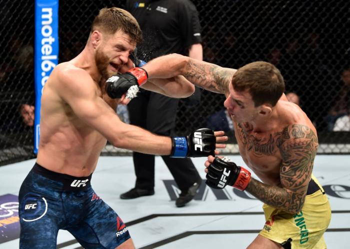 BROOKLYN, NEW YORK - APRIL 07: (R-L) Renato Moicano of Brazil punches Calvin Kattar in their featherweight bout during the UFC 223 event inside Barclays Center on April 7, 2018 in Brooklyn, New York. (Photo by Jeff Bottari/Zuffa LLC/Zuffa LLC via Getty I