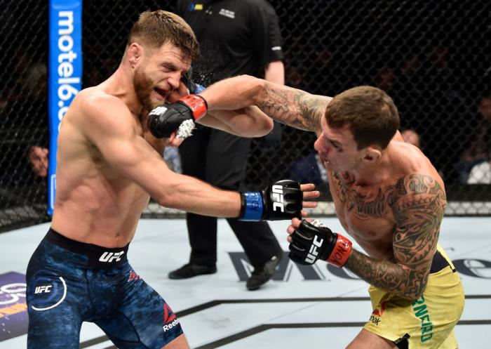 BROOKLYN, NEW YORK - APRIL 07:  (R-L) Renato Moicano of Brazil punches Calvin Kattar in their featherweight bout during the UFC 223 event inside Barclays Center on April 7, 2018 in Brooklyn, New York. (Photo by Jeff Bottari/Zuffa LLC/Zuffa LLC via Getty I