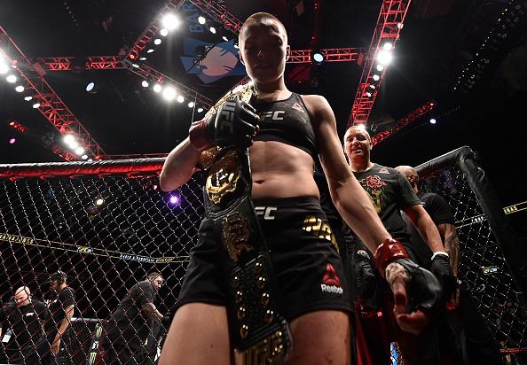 BROOKLYN, NEW YORK - APRIL 07: Rose Namajunas celebrates after her victory over Joanna Jedrzejczyk in their women's strawweight title bout during the UFC 223 event inside Barclays Center on April 7, 2018 in Brooklyn, New York. (Photo by Brandon Magnus/Zu