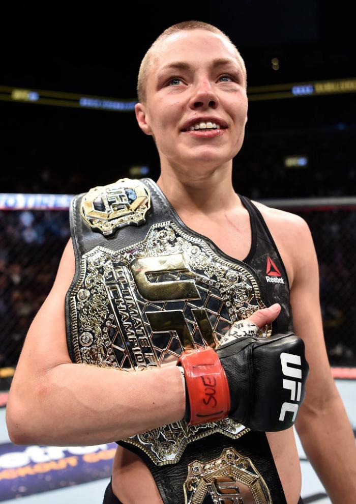 BROOKLYN, NEW YORK - APRIL 07: Rose Namajunas celebrates after her victory over Joanna Jedrzejczyk in their women's strawweight title bout during the UFC 223 event inside Barclays Center on April 7, 2018 in Brooklyn, New York. (Photo by Jeff Bottari/Zuff