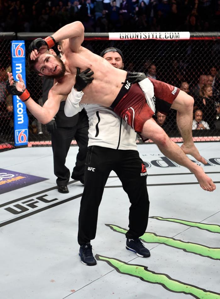 BROOKLYN, NEW YORK - APRIL 07: Khabib Nurmagomedov of Russia celebrates after a dominating performance over Al Iaquinta in their lightweight title bout during the UFC 223 event inside Barclays Center on April 7, 2018 in Brooklyn, New York. (Photo by Jeff