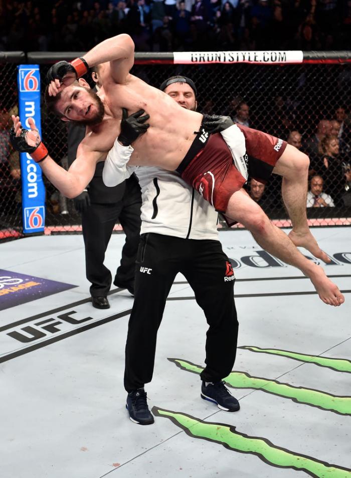 BROOKLYN, NEW YORK - APRIL 07:  Khabib Nurmagomedov of Russia celebrates after a dominating performance over Al Iaquinta in their lightweight title bout during the UFC 223 event inside Barclays Center on April 7, 2018 in Brooklyn, New York. (Photo by Jeff