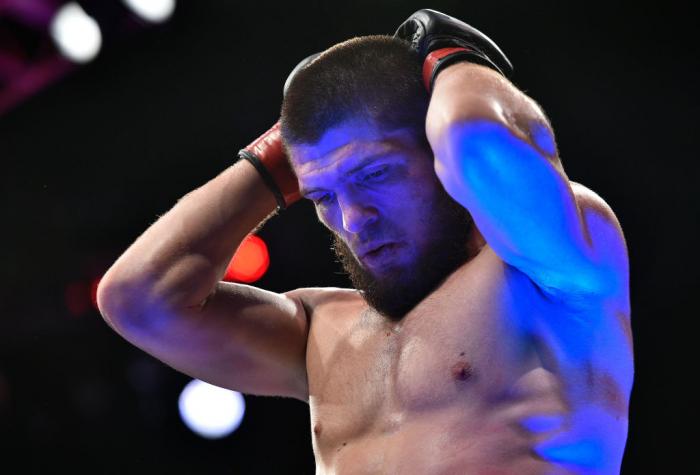 BROOKLYN, NEW YORK - APRIL 07:  Khabib Nurmagomedov of Russia reacts after his dominating performance over Al Iaquinta in their lightweight title bout during the UFC 223 event inside Barclays Center on April 7, 2018 in Brooklyn, New York. (Photo by Brando