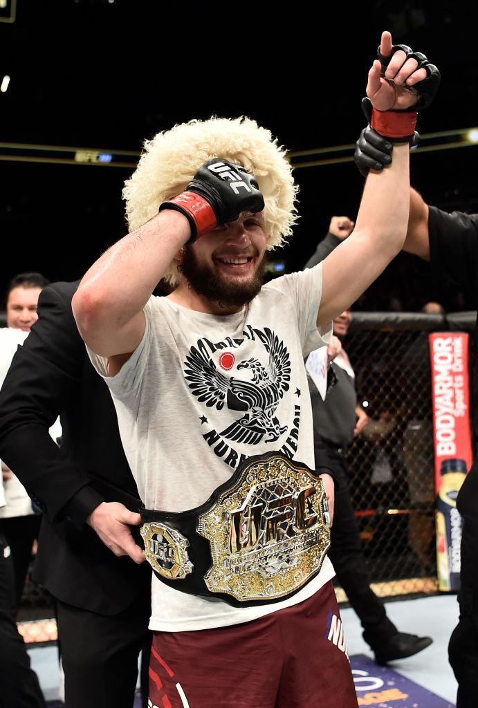 BROOKLYN, NEW YORK - APRIL 07: Khabib Nurmagomedov of Russia celebrates after his unanimous-decision victory over Al Iaquinta in their lightweight title bout during the UFC 223 event inside Barclays Center on April 7, 2018 in Brooklyn, New York. (Photo b