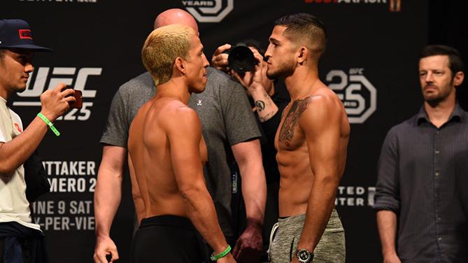 CHICAGO, ILLINOIS - JUNE 08:  (L-R) Opponents Joseph Benavidez and Sergio Pettis face off during the UFC 225 weigh-in at the United Center on June 8, 2018 in Chicago, Illinois. (Photo by Josh Hedges/Zuffa LLC/Zuffa LLC via Getty Images)