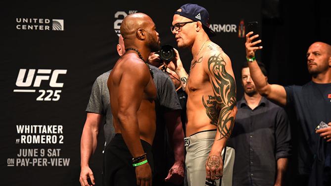 CHICAGO, ILLINOIS - JUNE 08:  (L-R) Opponents Rashad Evans and Anthony Smith face off during the UFC 225 weigh-in at the United Center on June 8, 2018 in Chicago, Illinois. (Photo by Josh Hedges/Zuffa LLC/Zuffa LLC via Getty Images)