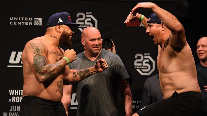 CHICAGO, ILLINOIS - JUNE 08: (L-R) Opponents Rashad Coulter and Chris De La Rocha face off during the UFC 225 weigh-in at the United Center on June 8, 2018 in Chicago, Illinois. (Photo by Josh Hedges/Zuffa LLC/Zuffa LLC via Getty Images)
