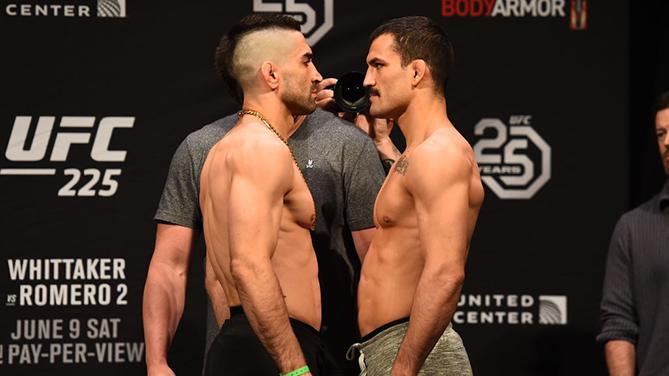 CHICAGO, ILLINOIS - JUNE 08:  (L-R) Opponents Ricardo Lamas and Mirsad Bektic of Bosnia face off during the UFC 225 weigh-in at the United Center on June 8, 2018 in Chicago, Illinois. (Photo by Josh Hedges/Zuffa LLC/Zuffa LLC via Getty Images)