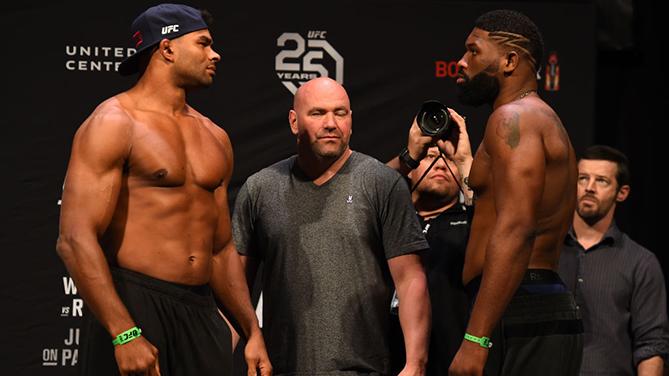 CHICAGO, ILLINOIS - JUNE 08:  (L-R) Opponents Alistair Overeem of the Netherlands and Curtis Blaydes face off during the UFC 225 weigh-in at the United Center on June 8, 2018 in Chicago, Illinois. (Photo by Josh Hedges/Zuffa LLC/Zuffa LLC via Getty Images