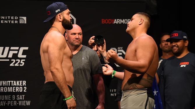 CHICAGO, ILLINOIS - JUNE 08: (L-R) Opponents Andrei Arlovski of Belarus and Tai Tuivasa of Australia face off during the UFC 225 weigh-in at the United Center on June 8, 2018 in Chicago, Illinois. (Photo by Josh Hedges/Zuffa LLC/Zuffa LLC via Getty Image