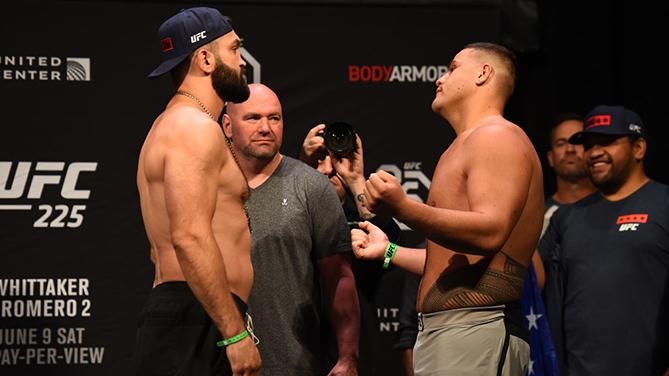 CHICAGO, ILLINOIS - JUNE 08:  (L-R) Opponents Andrei Arlovski of Belarus and Tai Tuivasa of Australia face off during the UFC 225 weigh-in at the United Center on June 8, 2018 in Chicago, Illinois. (Photo by Josh Hedges/Zuffa LLC/Zuffa LLC via Getty Image