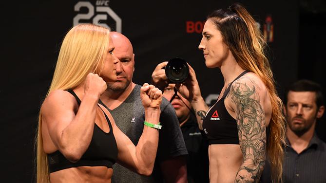 CHICAGO, ILLINOIS - JUNE 08:  (L-R) Opponents Holly Holm and Megan Anderson of Australia face off during the UFC 225 weigh-in at the United Center on June 8, 2018 in Chicago, Illinois. (Photo by Josh Hedges/Zuffa LLC/Zuffa LLC via Getty Images)