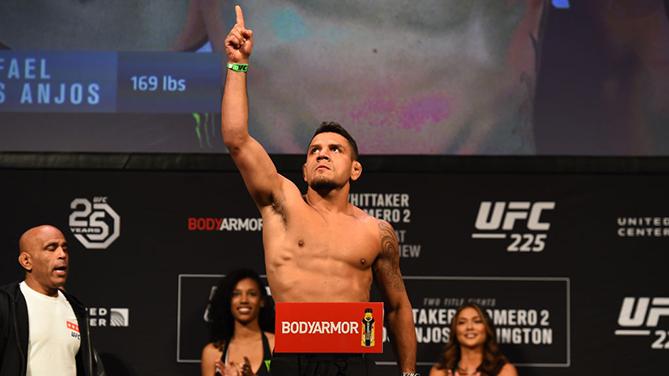 CHICAGO, ILLINOIS - JUNE 08: Rafael Dos Anjos of Brazil poses on the scale during the UFC 225 weigh-in at the United Center on June 8, 2018 in Chicago, Illinois. (Photo by Josh Hedges/Zuffa LLC/Zuffa LLC via Getty Images)