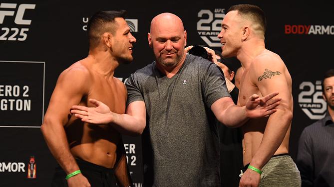 CHICAGO, ILLINOIS - JUNE 08: (L-R) Opponents Rafael Dos Anjos of Brazil and Colby Covington face off during the UFC 225 weigh-in at the United Center on June 8, 2018 in Chicago, Illinois. (Photo by Josh Hedges/Zuffa LLC/Zuffa LLC via Getty Images)