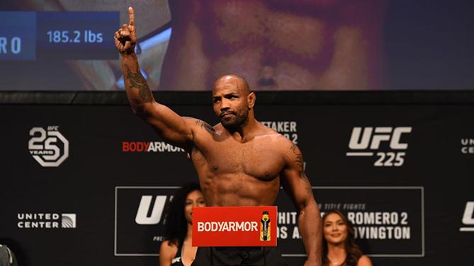 CHICAGO, ILLINOIS - JUNE 08: Yoel Romero of Cuba poses on the scale during the UFC 225 weigh-in at the United Center on June 8, 2018 in Chicago, Illinois. (Photo by Josh Hedges/Zuffa LLC/Zuffa LLC via Getty Images)