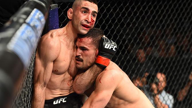 CHICAGO, ILLINOIS - JUNE 09: (L-R) Ricardo Lamas blocks a take down from Mirsad Bektic of Bosnia in their featherweight fight during the UFC 225 event at the United Center on June 9, 2018 in Chicago, Illinois. (Photo by Josh Hedges/Zuffa LLC/Zuffa LLC vi