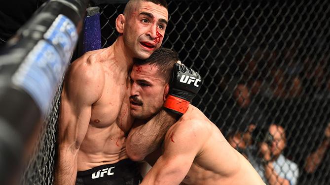 CHICAGO, ILLINOIS - JUNE 09:  (L-R) Ricardo Lamas blocks a take down from Mirsad Bektic of Bosnia in their featherweight fight during the UFC 225 event at the United Center on June 9, 2018 in Chicago, Illinois. (Photo by Josh Hedges/Zuffa LLC/Zuffa LLC vi