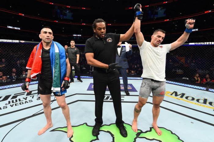 CHICAGO, ILLINOIS - JUNE 09:  (R-L) Mirsad Bektic of Bosnia celebrates after defeating Ricardo Lamas in their featherweight fight during the UFC 225 event at the United Center on June 9, 2018 in Chicago, Illinois. (Photo by Josh Hedges/Zuffa LLC/Zuffa LLC