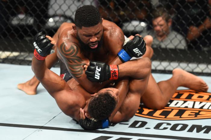 CHICAGO, ILLINOIS - JUNE 09: (L-R) Curtis Blaydes elbows Alistair Overeem in their heavyweight fight during the UFC 225 event at the United Center on June 9, 2018 in Chicago, Illinois. (Photo by Josh Hedges/Zuffa LLC/Zuffa LLC via Getty Images)