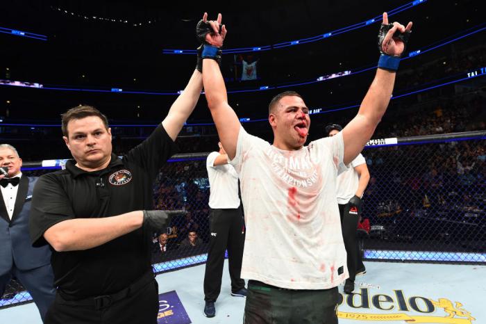 CHICAGO, ILLINOIS - JUNE 09: Tai Tuivasa of Australia celebrates after defeating Andrei Arlovski of Belarus in their heavyweight fight during the UFC 225 event at the United Center on June 9, 2018 in Chicago, Illinois. (Photo by Josh Hedges/Zuffa LLC/Zuf