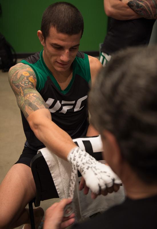LAS VEGAS, NV - MARCH 24: Cesar Arzamendia gets his hands wrapped before facing Oliver Meza during the filming of The Ultimate Fighter Latin America: Team Gastelum vs Team Escudero on March 24, 2015 in Las Vegas, Nevada. (Photo by Brandon Magnus/Zuffa L