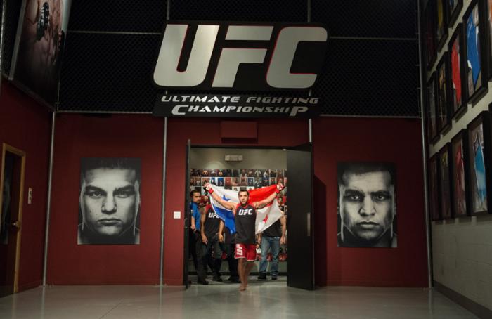 LAS VEGAS, NV - MARCH 24: Oliver Meza prepares to enter the Octagon before facing Cesar Arzamendia during the filming of The Ultimate Fighter Latin America: Team Gastelum vs Team Escudero on March 24, 2015 in Las Vegas, Nevada. (Photo by Brandon Magnus/