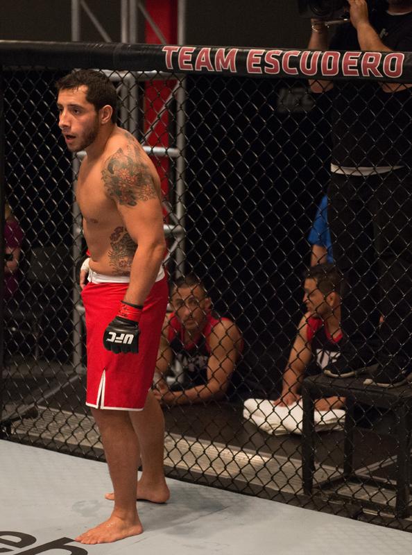 LAS VEGAS, NV - MARCH 24: Oliver Meza enters the Octagon before facing Cesar Arzamendia during the filming of The Ultimate Fighter Latin America: Team Gastelum vs Team Escudero on March 24, 2015 in Las Vegas, Nevada. (Photo by Brandon Magnus/Zuffa LLC/Z