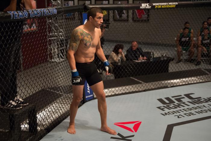 LAS VEGAS, NV - MARCH 24: Cesar Arzamendia enters the Octagon before facing Oliver Meza during the filming of The Ultimate Fighter Latin America: Team Gastelum vs Team Escudero on March 24, 2015 in Las Vegas, Nevada. (Photo by Brandon Magnus/Zuffa LLC/Z