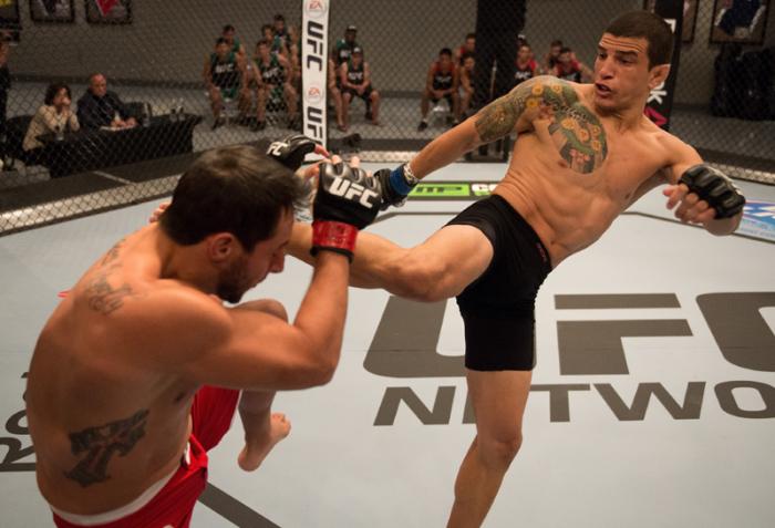 LAS VEGAS, NV - MARCH 24: (R-L) Cesar Arzamendia kicks Oliver Meza during the filming of The Ultimate Fighter Latin America: Team Gastelum vs Team Escudero on March 24, 2015 in Las Vegas, Nevada. (Photo by Brandon Magnus/Zuffa LLC/Zuffa LLC via Getty Im