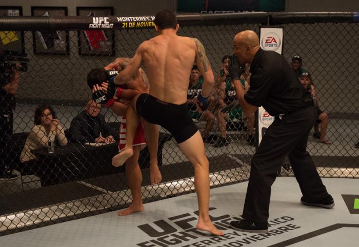 LAS VEGAS, NV - MARCH 24: (R-L) Cesar Arzamendia knees Oliver Meza during the filming of The Ultimate Fighter Latin America: Team Gastelum vs Team Escudero on March 24, 2015 in Las Vegas, Nevada. (Photo by Brandon Magnus/Zuffa LLC/Zuffa LLC via Getty Im