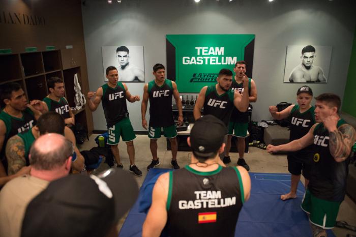 LAS VEGAS, NV - MARCH 24: Team Gastelum celebrates Cesar Arzamendia victory over Oliver Meza during the filming of The Ultimate Fighter Latin America: Team Gastelum vs Team Escudero on March 24, 2015 in Las Vegas, Nevada. (Photo by Brandon Magnus/Zuffa