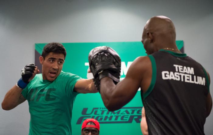LAS VEGAS, NV - MARCH 27: Erick Montano warms up before facing Marco Olano during the filming of The Ultimate Fighter Latin America: Team Gastelum vs Team Escudero on March 27, 2015 in Las Vegas, Nevada. (Photo by Brandon Magnus/Zuffa LLC/Zuffa LLC via