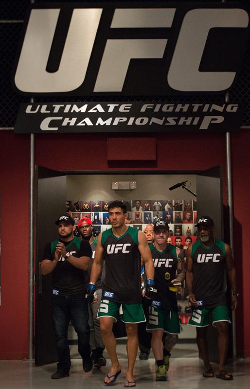 LAS VEGAS, NV - MARCH 27: Erick Montano prepares to enter the Octagon before facing Marco Olano during the filming of The Ultimate Fighter Latin America: Team Gastelum vs Team Escudero on March 27, 2015 in Las Vegas, Nevada. (Photo by Brandon Magnus/Zuf